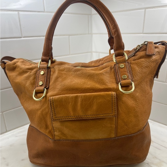 J. Crew 🧡 Marlow Cognac Brown Leather 🧡 Two Tone Hobo Bag Purse Tote - Picture 2 of 15